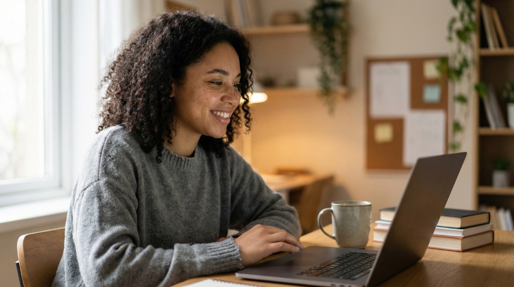 Young woman at a bright desk with coffee, looking at a laptop whose screen faces away—ready for a spoken morning briefing with VYNE